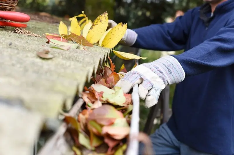 A NearMe Roofing technician cleaning leaves from a gutter