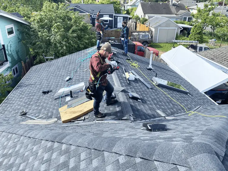 roofing expert standing on a roof to performs repairs