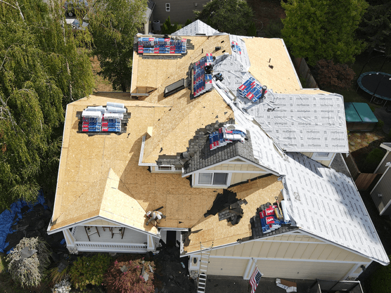 Ariel view of roofing project in Washington