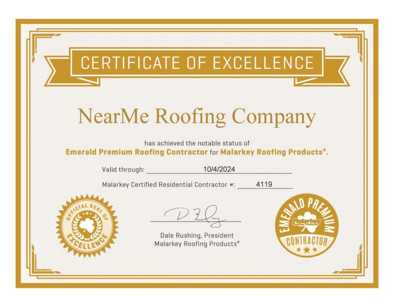 certificate of roofing excellence for NearMe Roofing Company in Seattle