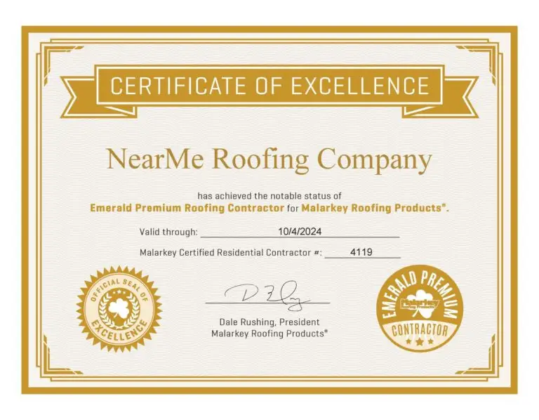 certificate of roofing excellence for NearMe Roofing Company in Seattle