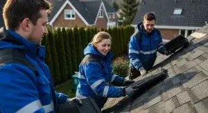 three roofing technicians installing a roof