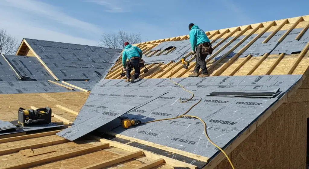 men installing sheathing on a roof