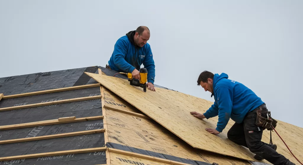 men installing sheathing on a roof