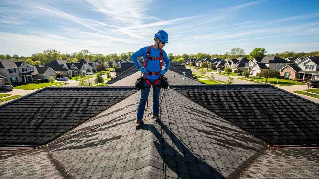 a man standing on a roof with algae black streaks