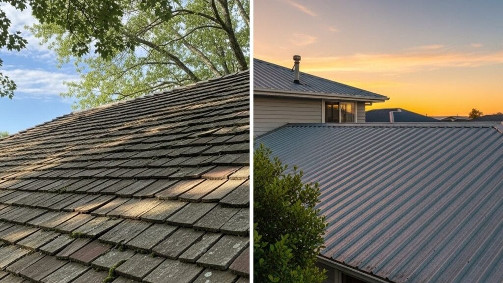 newly installed cedar shake shingles compared to newly installed metal roof