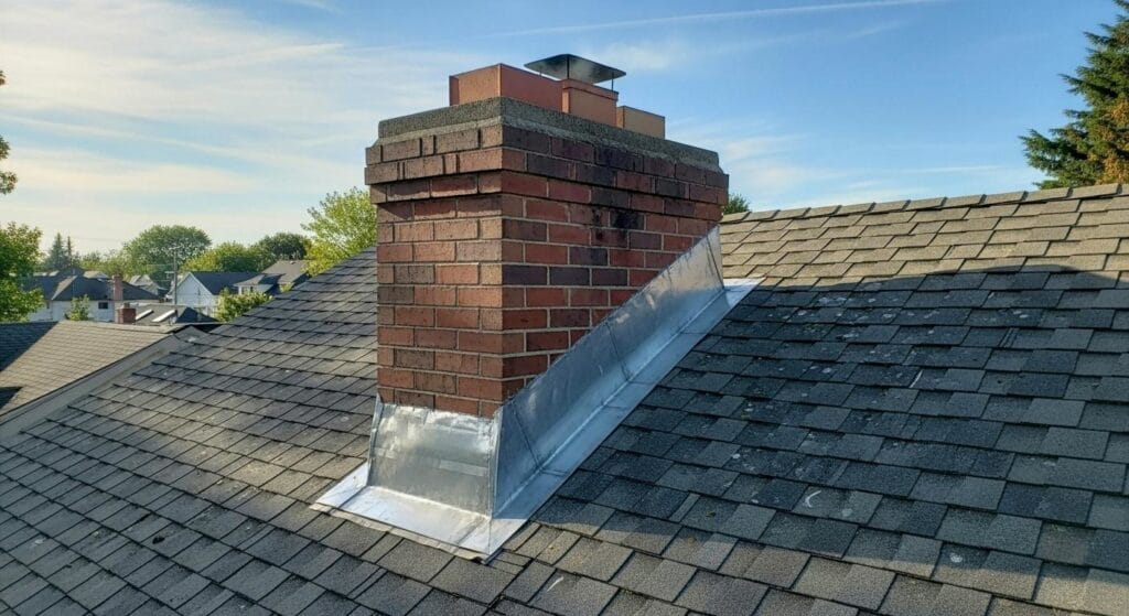 a picture depicting a chimney flashing installed on a roof top