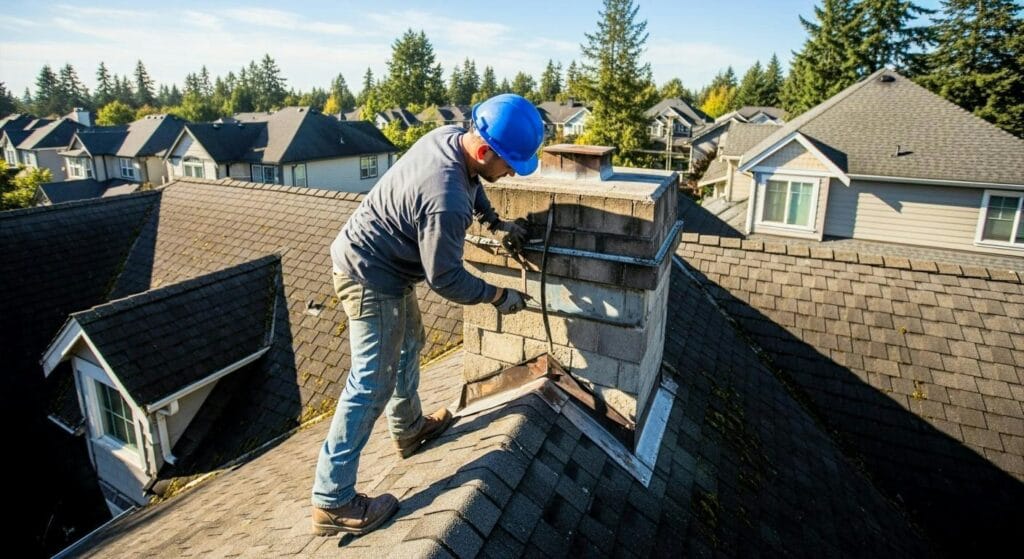 a man is seen replacing the worn out flashing on an old roof