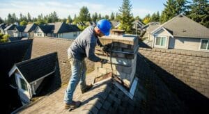 a man is seen replacing the worn out flashing on an old roof
