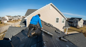 a man wearing a blue sweatshirt installing roofing underlayment on a roof