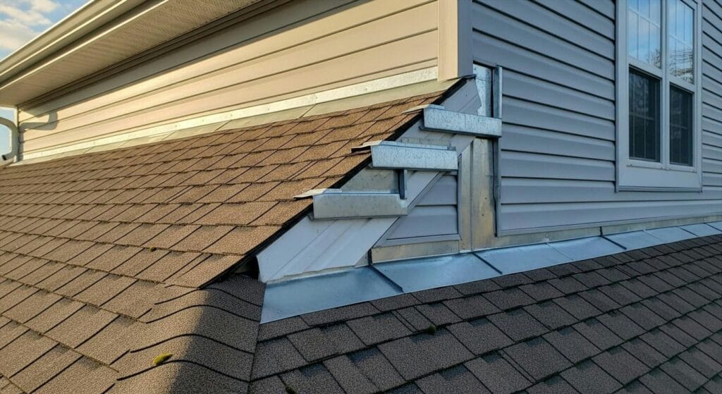 a picture depicting a newly installed step flashing around the edges of a roofing system